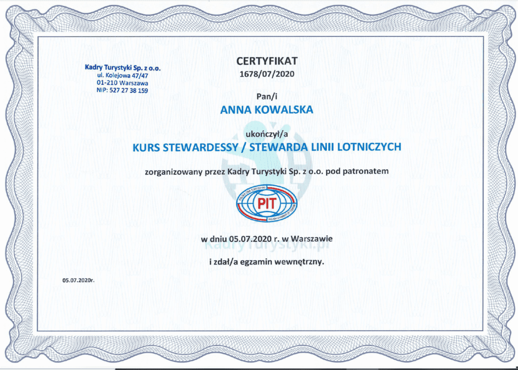 kurs stewardessy certyfikat