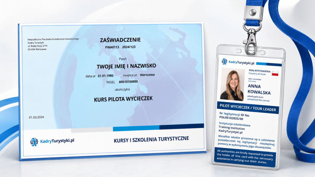 certyfikat i identyfikator pilota wycieczek
