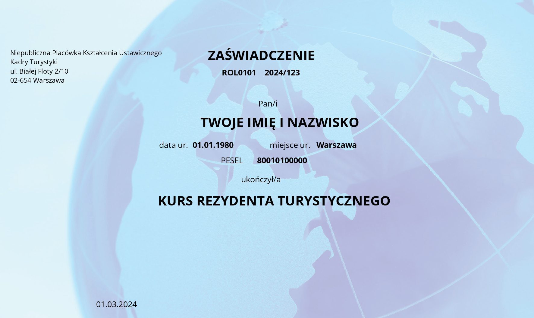 Kurs Rezydenta Turystycznego - wzór zaświadczenia